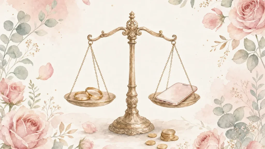 結婚相談所とマッチングアプリの費用を比べる天秤のイラスト
