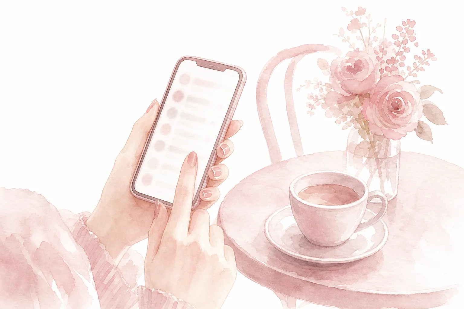 カフェでスマホの掲示板リストを眺める手元の水彩イラスト