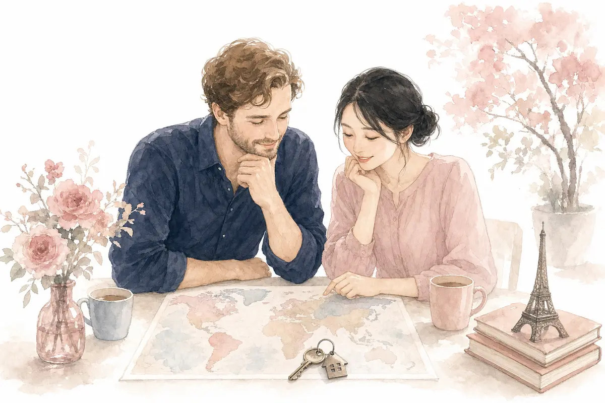 世界地図を見ながらどの国に住むかを話し合う国際結婚カップルの水彩イラスト