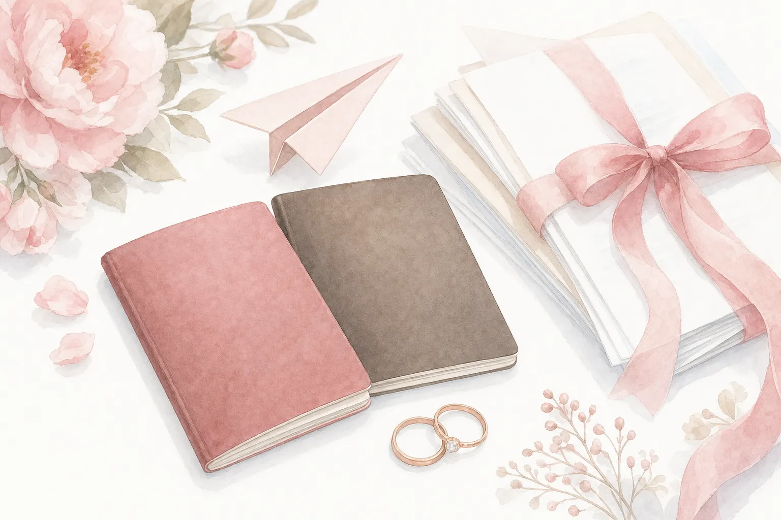 2冊のパスポートと書類、結婚指輪を並べた水彩イラスト。国際結婚のビザ・書類準備のイメージ