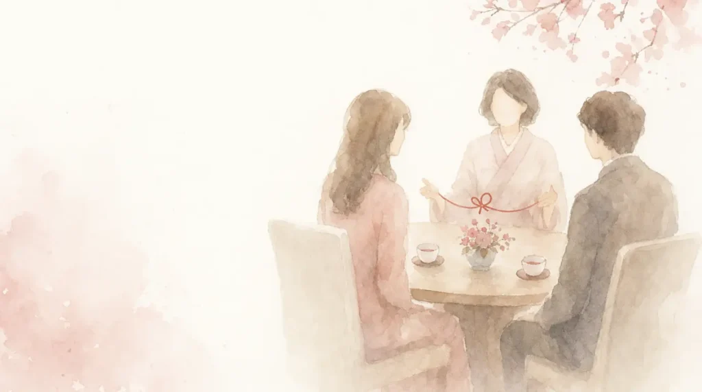 仲人が向かい合う男女の縁を結ぶ様子を描いた水彩イラスト