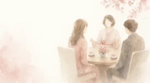仲人が向かい合う男女の縁を結ぶ様子を描いた水彩イラスト