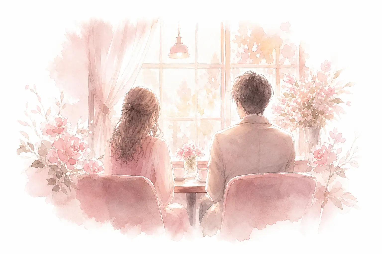 カフェで向き合う男女の後ろ姿の水彩イラスト