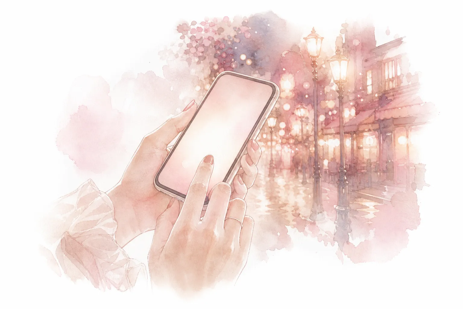 夜の街でスマホを操作する手元の水彩イラスト
