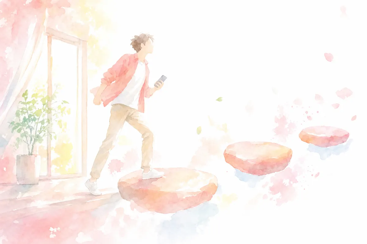 スマホを手に一歩を踏み出す男性の明るい水彩イラスト