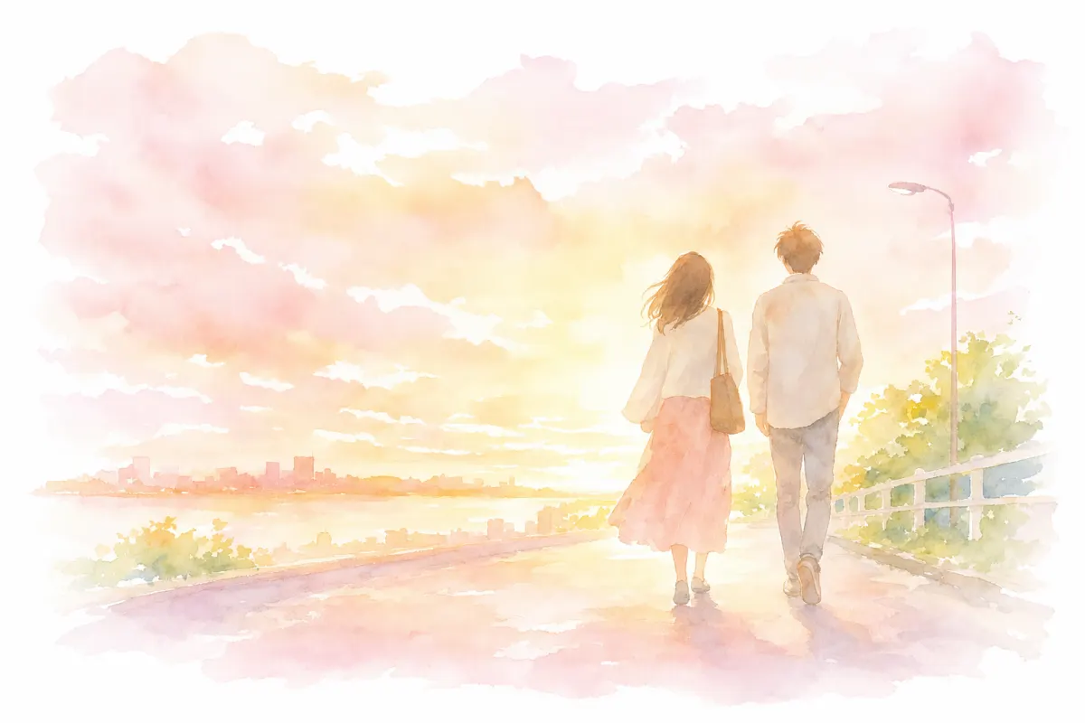 夕暮れの道を並んで歩く男女の後ろ姿の明るい水彩イラスト
