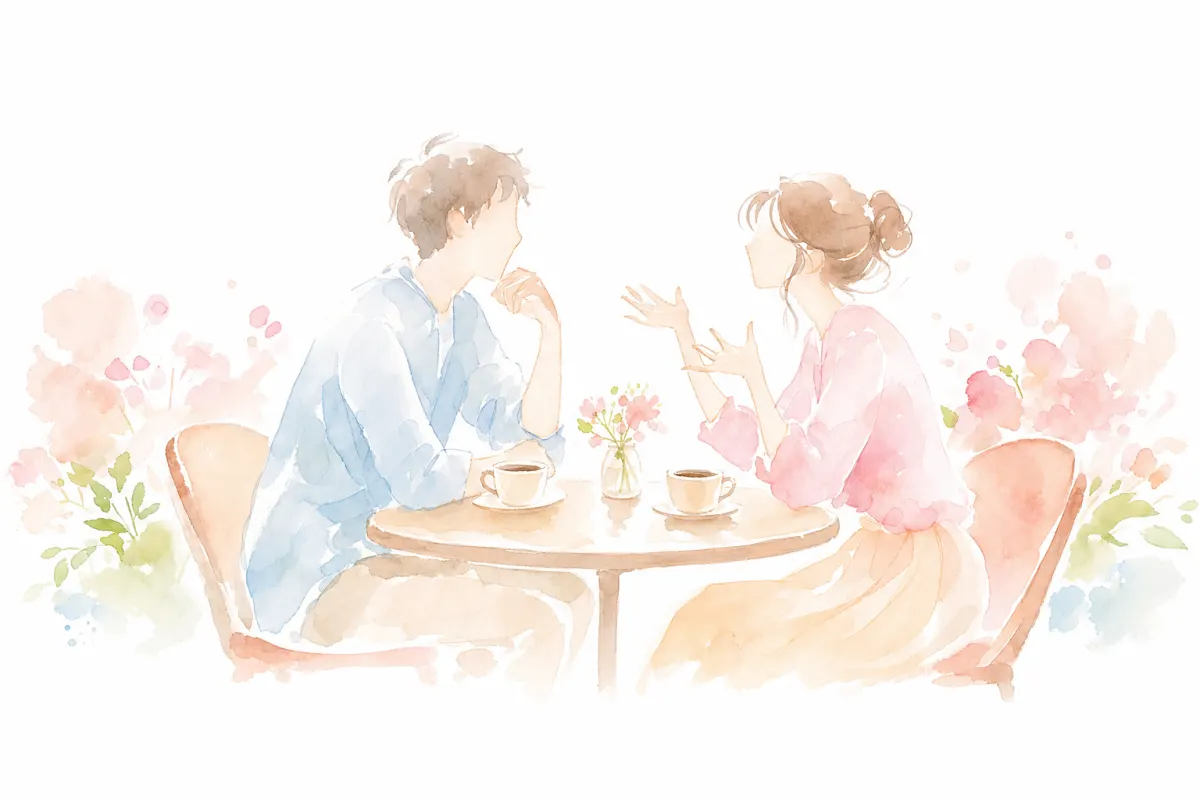 カフェで向かい合って会話する男女の明るい水彩イラスト