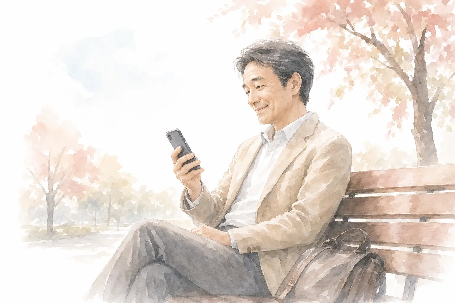 公園のベンチでスマートフォンを見て、ほっとした表情を浮かべる50代の男性の水彩イラスト