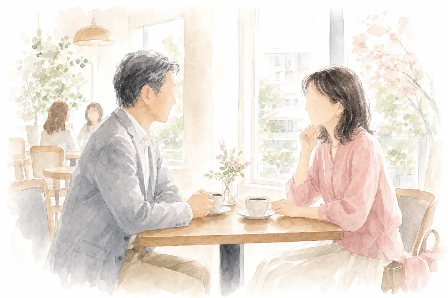 昼間の明るいカフェで、50代の男性と女性がコーヒーを前に初対面の会話をしている水彩イラスト
