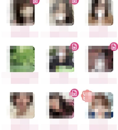 PCMAXの写真プロフィール検索の一覧。写真と表示名などを個人が分からないよう加工。
